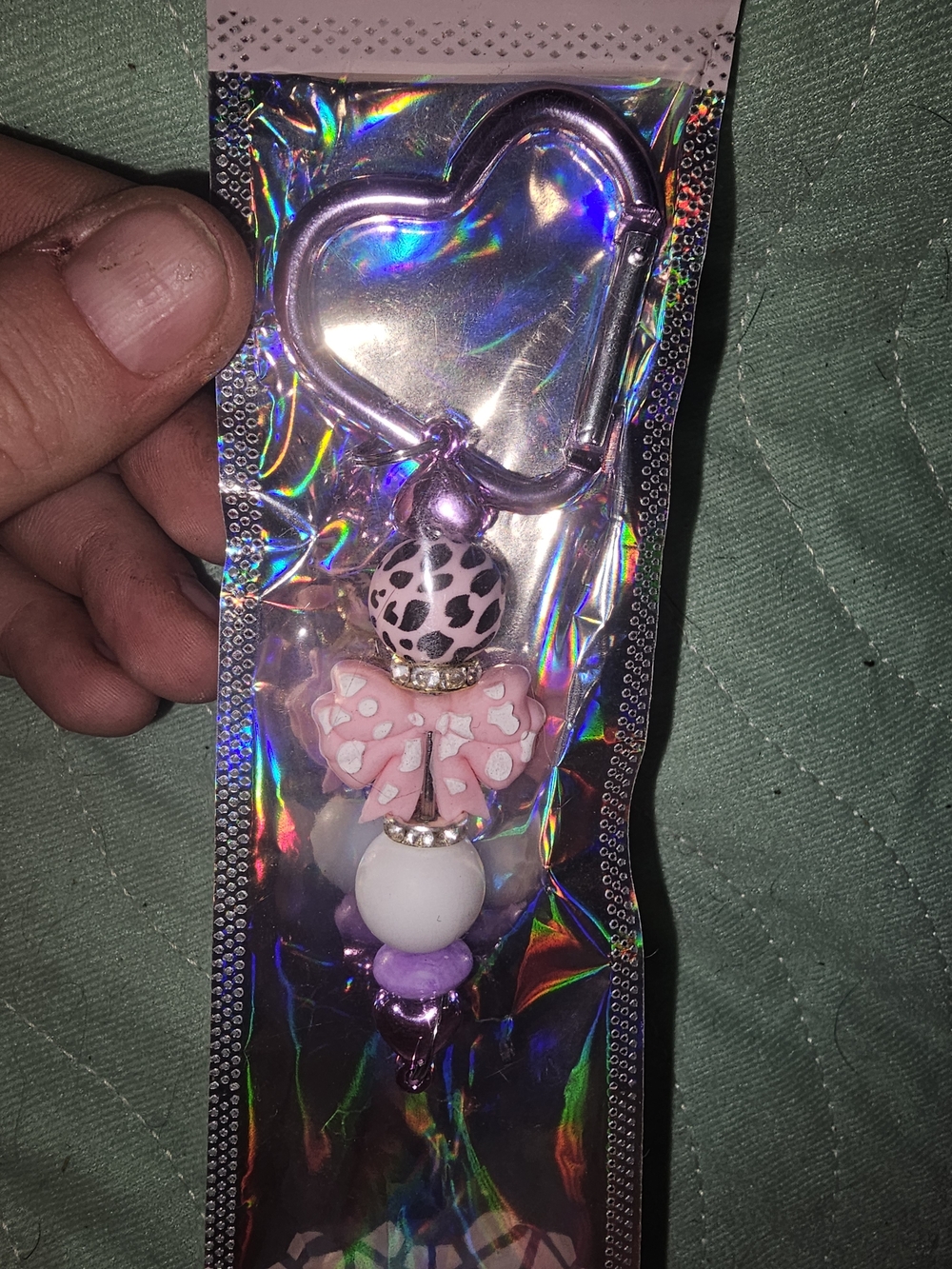 Pink Bow & Bead Heart Keychain Keyring
